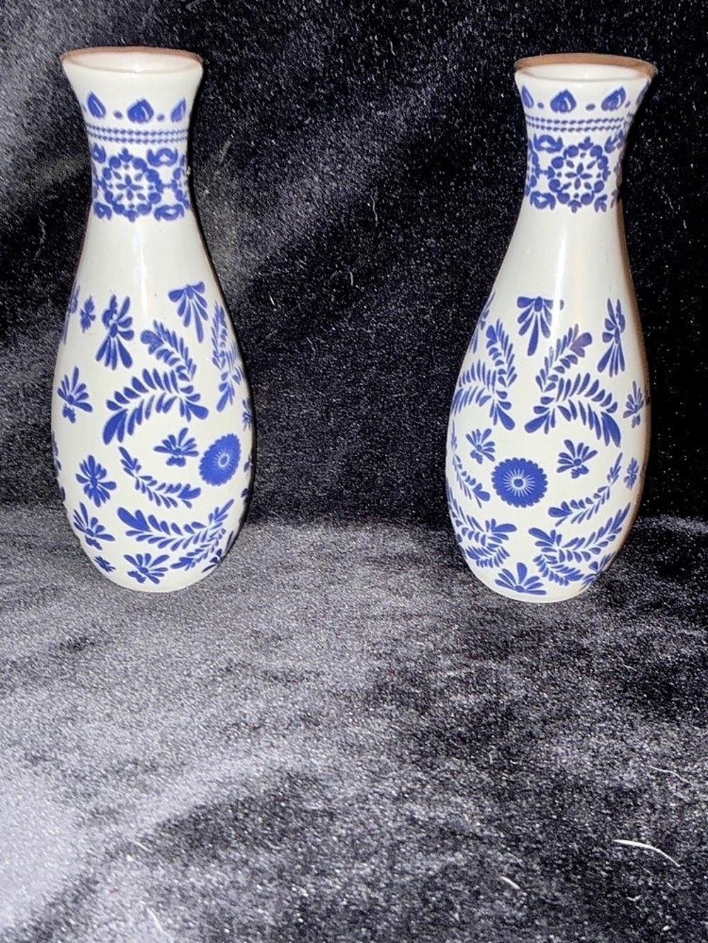 Set of 2 Small Blue and White Ceramic Bud Vases - Mexican Talavera Folk Floral P